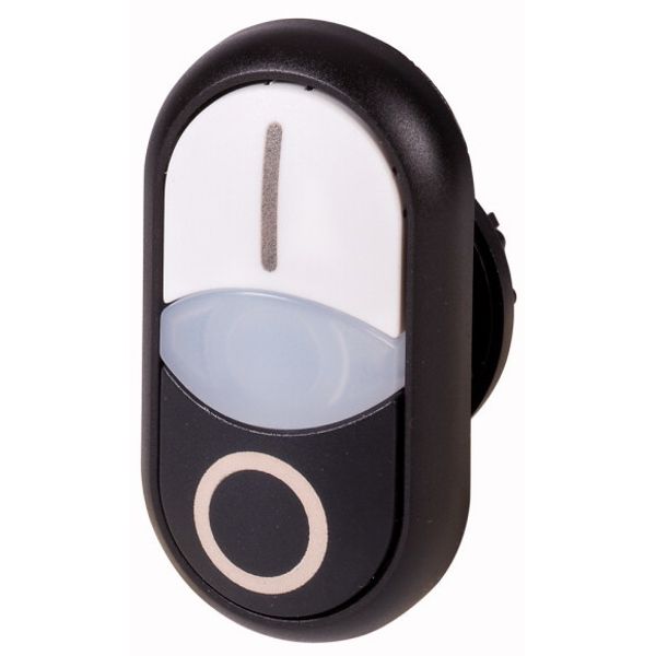 Double actuator pushbutton, RMQ-Titan, Actuators and indicator lights flush, momentary, White lens, white, black, inscribed, Bezel: titanium image 1