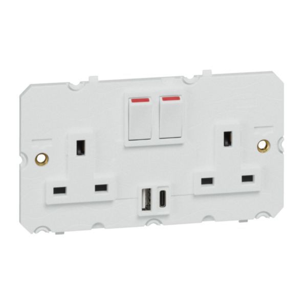 Arteor 2 Gang 13A Single Pole Switched Socket Outlet with USB Type-A and Type-C 3A Chargers Soft Alu image 1