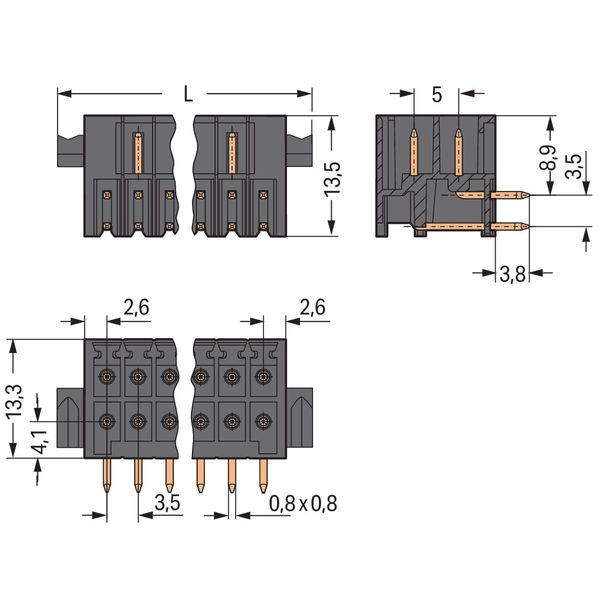 THT male header, 2-row 0.8 x 0.8 mm solder pin angled black image 5