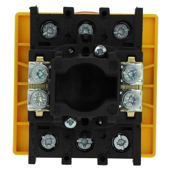 Main switch, P1, 40 A, flush mounting, 3 pole, Emergency switching off function, With red rotary handle and yellow locking ring, Lockable in the 0 (Of image 29