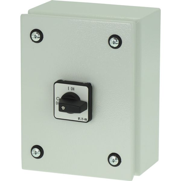 On-Off switch, P1, 40 A, 3 pole + N, surface mounting, with black thumb grip and front plate, in steel enclosure image 3