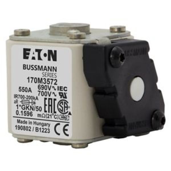 Fuse-link, high speed, 550 A, AC 690 V, compact size 1, 45 x 59 x 51 mm, aR, IEC, UL, type K indicator, 18 UNC image 2