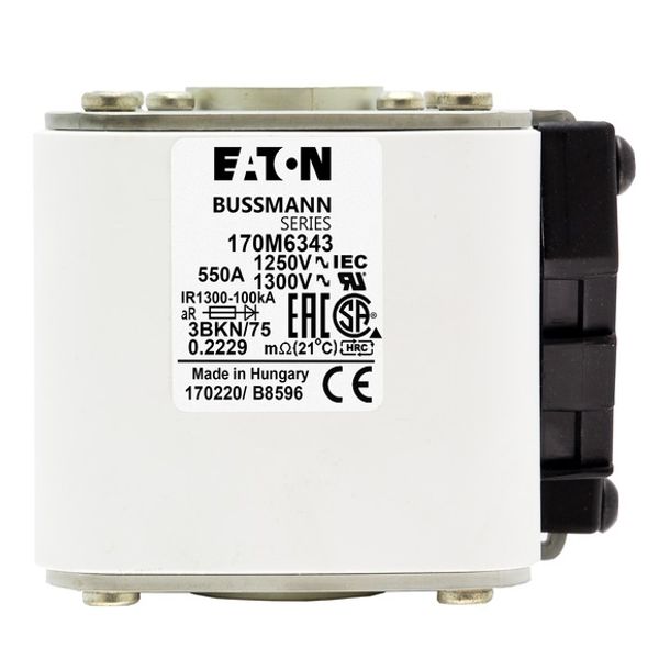 Fuse-link, high speed, 550 A, AC 1250 V, size 3, 76 x 92 x 76 mm, aR, IEC, UL, single indicator image 2