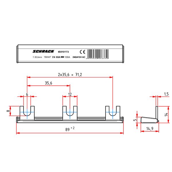 CU Busbar, 3x for TN-C network, grey, for B/C Arrester image 2