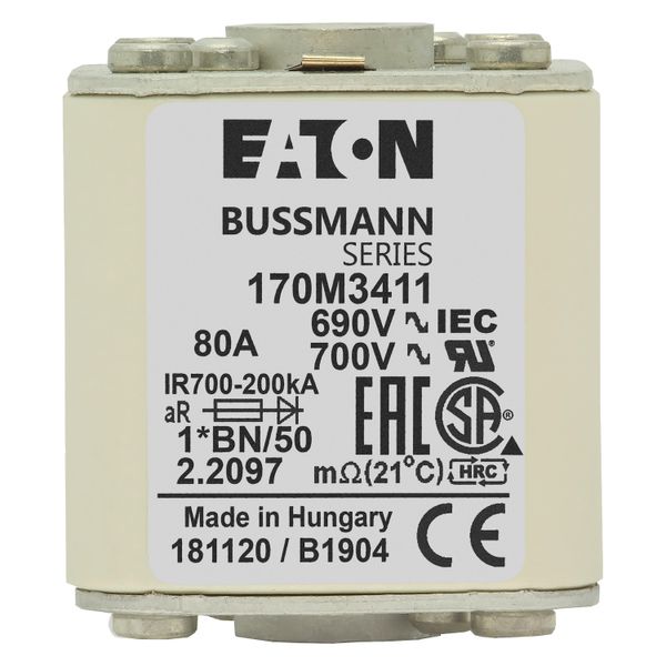 Fuse-link, high speed, 80 A, AC 690 V, compact size 1, 45 x 59 x 51 mm, aR, IEC, UL, single indicator image 12