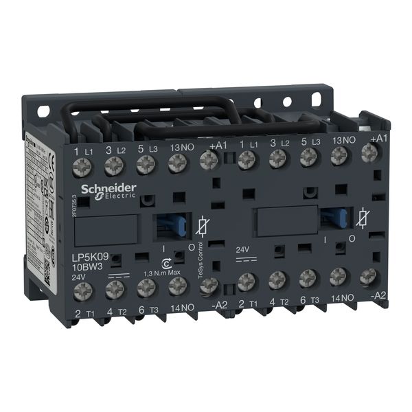TeSys K reversing contactor, 3P, AC-3 440V 9 A, 1NO, 24V DC coil, low consumption coil image 3