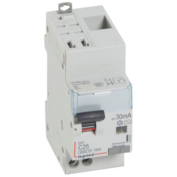 Monoblock differential circuit breaker DX³6000 10kA automatic high inlet low outlet screw U+N 230V~ - 25A - typeAC 30mA image 1