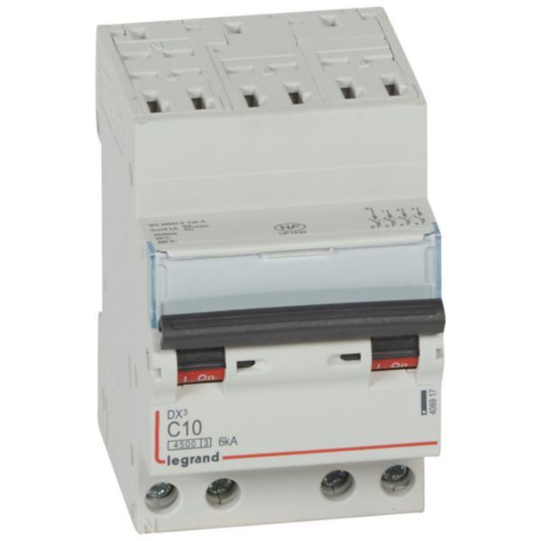 Circuit breaker DX³4500 6kA high inlet via automatic terminals low outlet screw terminals - four-pole 400V~ 10A curve C - 3 modules image 1