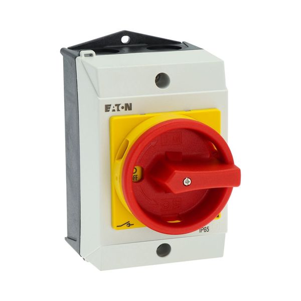 Main switch, T0, 20 A, surface mounting, 2 contact unit(s), 4 pole, Emergency switching off function, With red rotary handle and yellow locking ring image 49