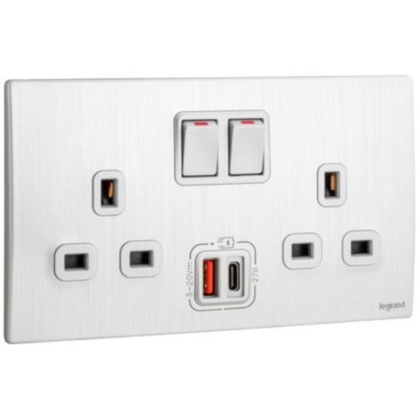 Mallia Senses - 2 gang single pole switched socket outlets - with USB A+C 27W charger - Brushed Aluminium image 1