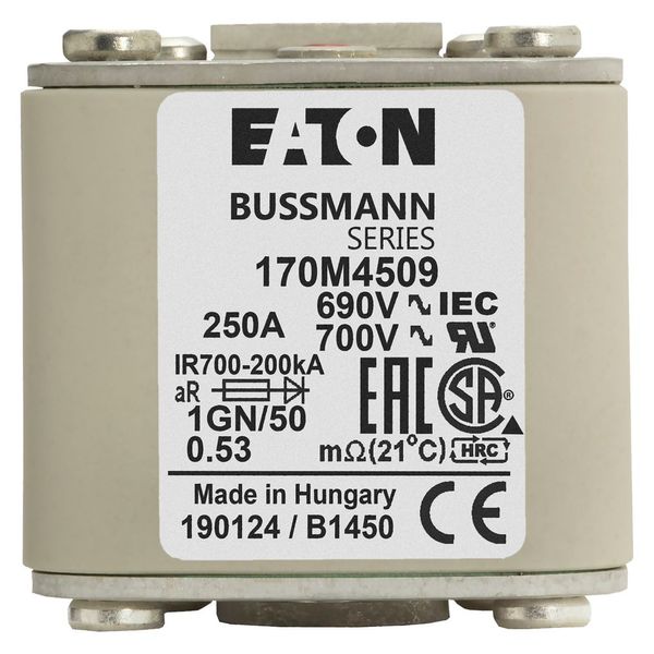 Fuse-link, high speed, 250 A, AC 690 V, size 1, 53 x 69 x 51 mm, aR, IEC, UL, single indicator, flush end, 18 UNC image 3