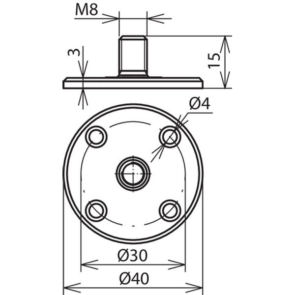 Fixing plate D 40mm plastic with M8 threaded bolt w. 4 fixing holes image 2