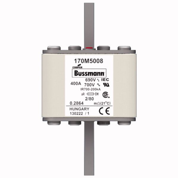 Fuse-link, high speed, 400 A, AC 690 V, DIN 2, 61 x 61 x 108 mm, aR, DIN, IEC, single indicator, 80 mm centres image 1