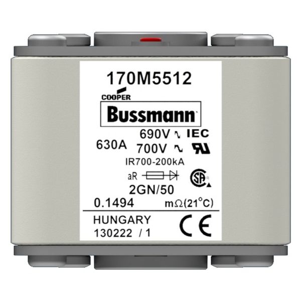 Fuse-link, high speed, 500 A, AC 690 V, size 2, 61 x 77 x 51 mm, aR, IEC, UL, type K indicator, flush end, 16 UNC image 1