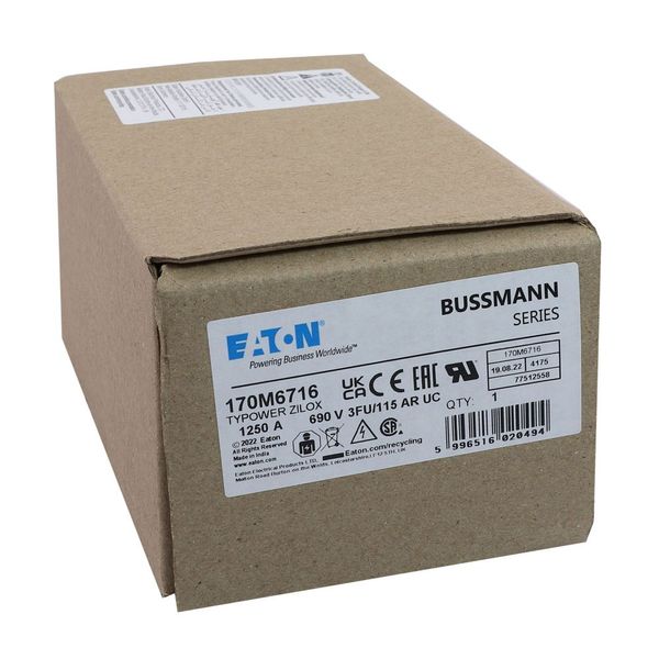 Fuse-link, high speed, 1250 A, AC 690 V, size 3, 67 x 92 x 155 mm, aR, IEC, UL image 1