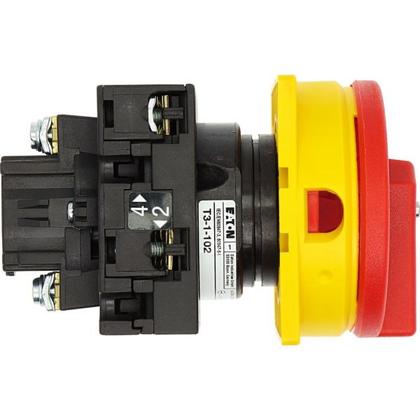 Main switch, T3, 32 A, flush mounting, 1 contact unit(s), 2 pole, Emergency switching off function, With red rotary handle and yellow locking ring, Lo image 33