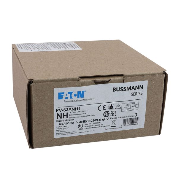 Fuse-link, high speed, 63 A, DC 1000 V, NH1, gPV, UL PV, UL, IEC, dual indicator image 23