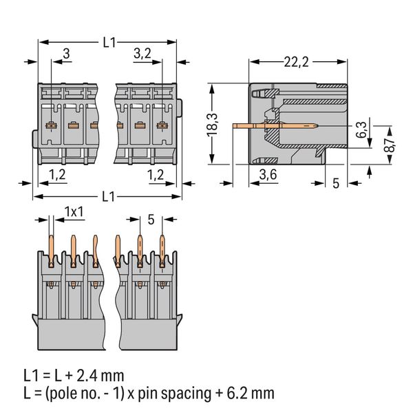 THT male header 1.0 x 1.0 mm solder pin straight gray image 2