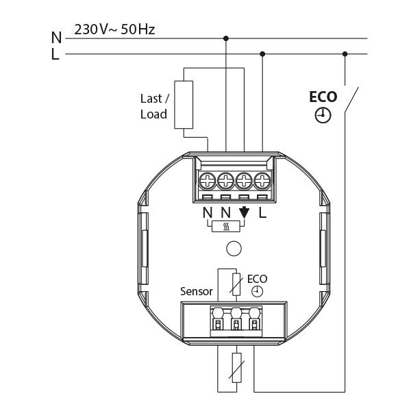 Concealed thermostat for controlling electrical temperature control systems, RAL9016 glossy 55x55, AC 230V, 1 NO contact 16 A, white backlighting image 3