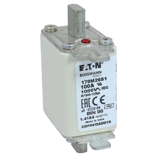 Fuse-link, high speed, 100 A, AC 1000 V, DIN 00, aR, DIN, IEC, single indicator, live gripping lugs image 11