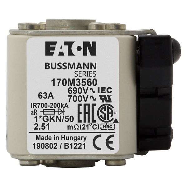 Fuse-link, high speed, 63 A, AC 690 V, compact size 1, 45 x 59 x 51 mm, aR, IEC, UL, type K indicator, 18 UNC image 21