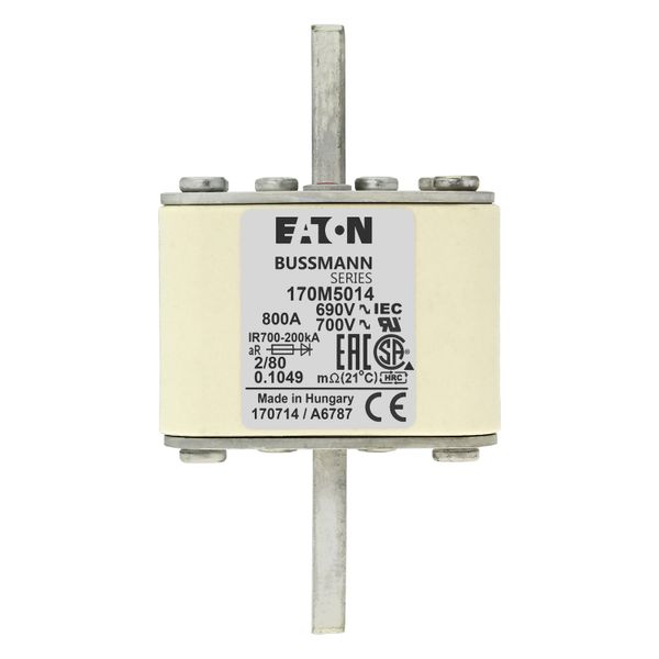 Fuse-link, high speed, 800 A, AC 690 V, DIN 2, 61 x 61 x 108 mm, aR, DIN, IEC, single indicator, 80 mm centres image 16