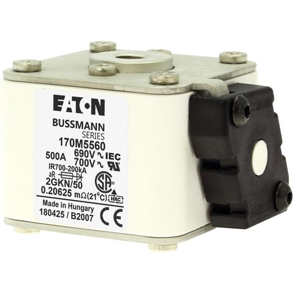 Fuse-link, high speed, 500 A, AC 690 V, size 2, 61 x 77 x 51 mm, aR, IEC, UL, type K indicator, flush end, 16 UNC image 6