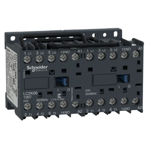 TeSys K reversing contactor, 3P, AC-3 440V 6 A, 1NO, 24V AC coil image 2