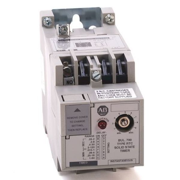 Allen-Bradley 700-RTC00200U1 700-RTC Industrial Solid State Timing Relay, No Potentiometer, Adjustable Time Solid State Timing Relay, Open, 120V DC, 110/120V AC 50/60HZ, 0 N.O - 0 N.C, 2 N.O - 0 N.C, , image 1