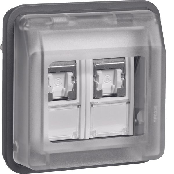 FCC soc.out. insert 8/8p shielded hinged cover surf./flushmtd,cat.6,la image 1