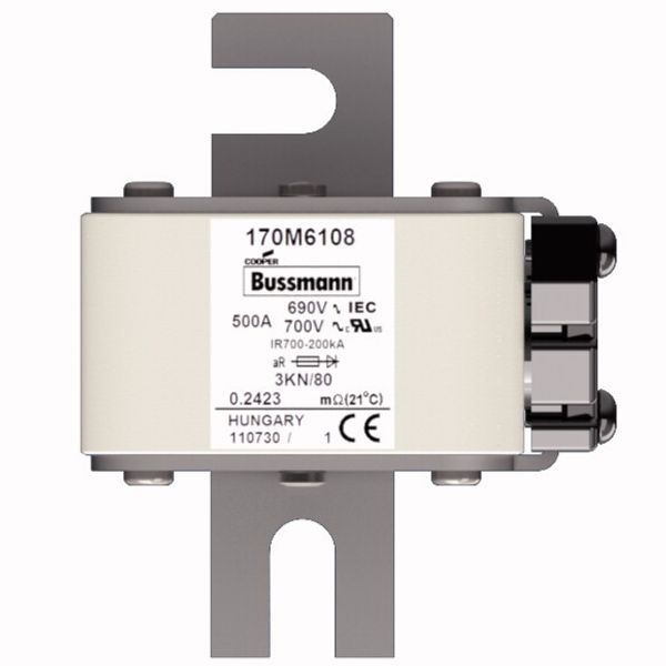 Fuse-link, high speed, 500 A, AC 690 V, DIN 3, 76 x 92 x 109 mm, aR, DIN, IEC, single indicator image 4