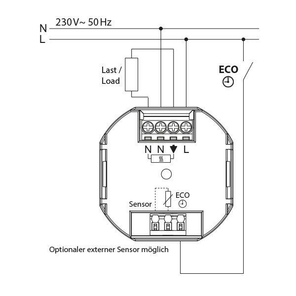 Concealed thermostat as room controller, RAL9010 glossy 55x55, AC 230V, 10 A relay output 1 NO contact, white backlighting image 3