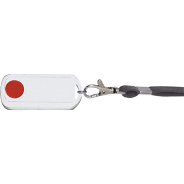Wireless mini handheld transmitter, waterproof, without battery or wire, grey carry strap, casing pure white glossy, button red image 1