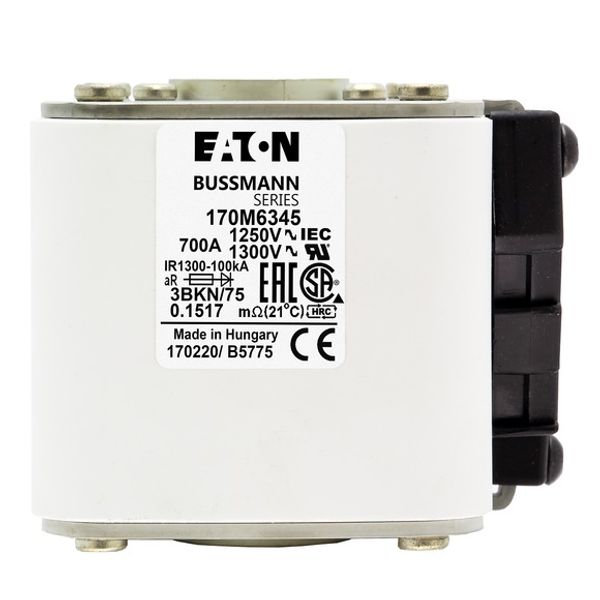 Fuse-link, high speed, 700 A, AC 1250 V, size 3, 76 x 92 x 76 mm, aR, IEC, UL, type K indicator, flush end, M12 image 1