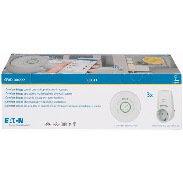 Wireless xComfort Bridge package, 3 Smart Dimming Plug-In Adapters, 0-250W, 230VAC, R/L/C/LED, Schuko, Traffic white image 1