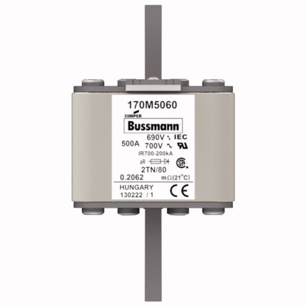 Fuse-link, high speed, 500 A, AC 690 V, DIN 2, 61 x 75 x 108 mm, aR, DIN, IEC, single indicator image 1