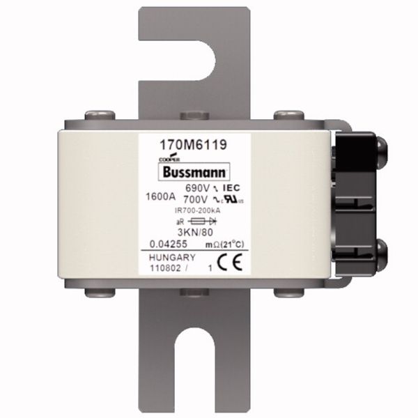 Fuse-link, high speed, 1600 A, AC 690 V, DIN 3, 76 x 92 x 109 mm, aR, DIN, IEC, single indicator image 1