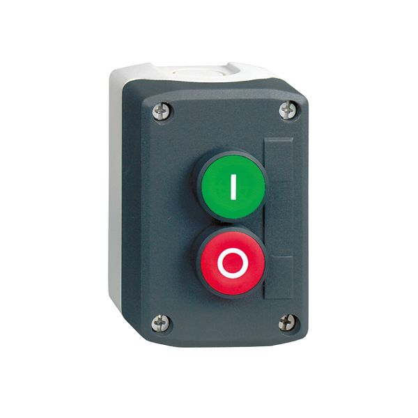 Harmony XALD, XALK, Control station, plastic, dark grey, 1 green flush marked I/1 red projecting marked O push buttons, Ø22 , spring return image 1