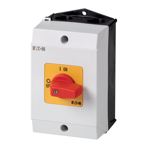 On-Off switch, T0, 20 A, surface mounting, 1 contact unit(s), 2 pole, Emergency switching off function, with red thumb grip and yellow front plate image 3