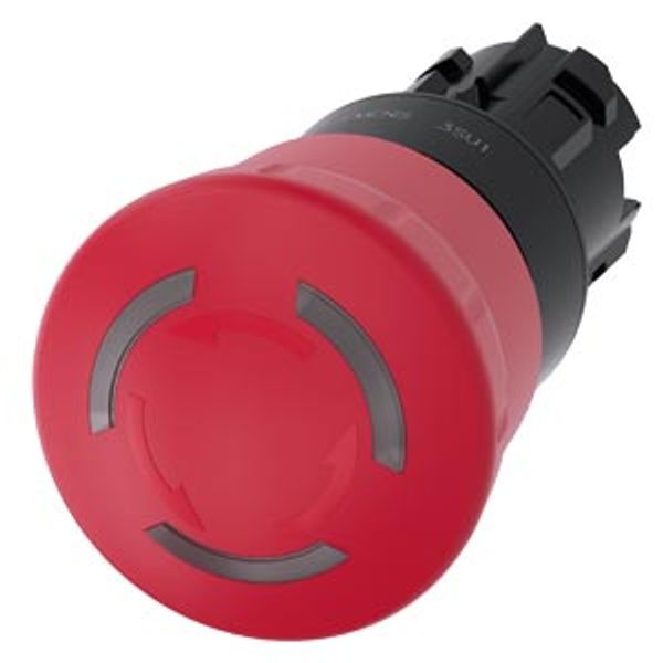 3SU1001-1HB20-0AA0-Z Y11 EMERGENCY STOP mushroom pushbutton, illuminable, 22 mm, round, plastic, red, 40 mm, positive latching, acc. to EN ISO 13850, rotate-to-unlatch, with laser labeling, image 1