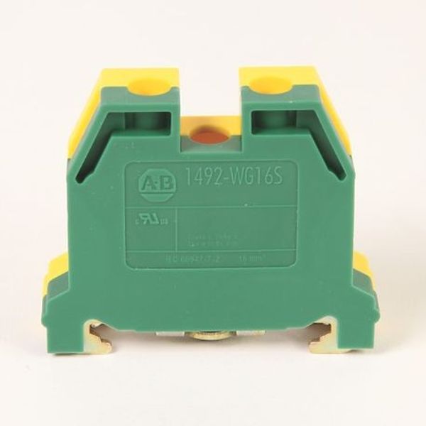 Allen-Bradley 1492-WG4 1492-W IEC Terminal Block, Space-Saver Grounding Block, 4 mm (# 22 AWG - # 10 AWG) or 2.5 mm (# 22 AWG - # 12 AWG), Single-circuit grounding terminal block, Green / Yellow Stripe (Standard) image 1