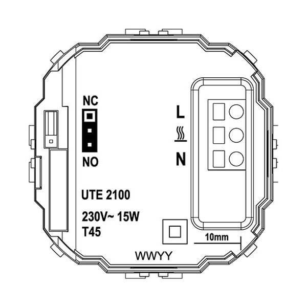 UP room controller, RAL9016 glossy 50x50, 5-30C, AC 230V, output contactless via triac, switchable 5 actuators each 3W image 3