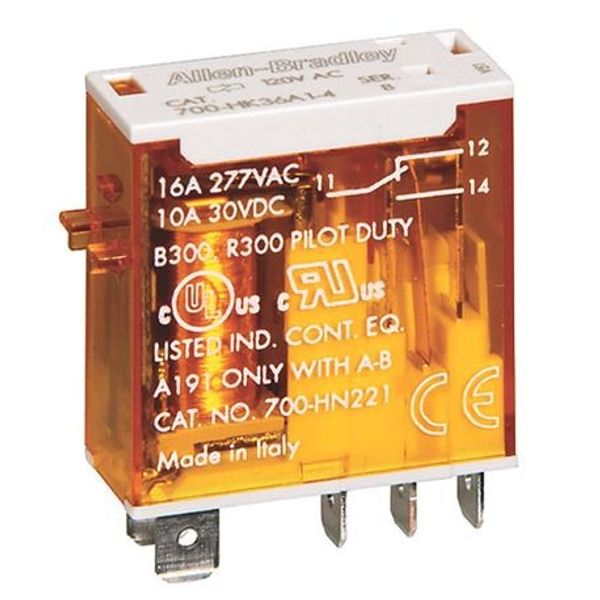 Allen-Bradley, 700-HK General Purpose Slim Line Relay, 16 Amp Contact, SPDT, 120V 50/60Hz, Pilot Light image 1