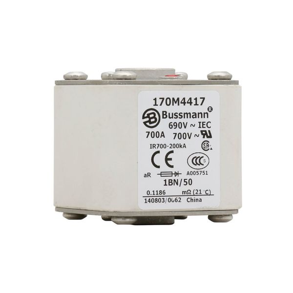 Fuse-link, high speed, 700 A, AC 690 V, size 1, 53 x 69 x 51 mm, aR, IEC, UL, single indicator, flush end, M8 image 3