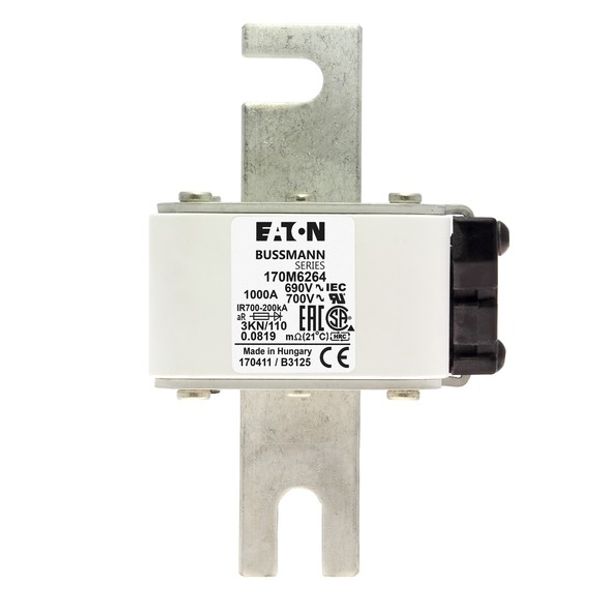 Fuse-link, high speed, 1000 A, AC 690 V, DIN 3, 76 x 92 x 139 mm, aR, DIN, IEC, single indicator image 2