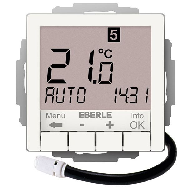 Concealed clock thermostat for controlling electrical temperature control systems, RAL9010 glossy 55x55, AC 230V, 1 NO contact 16 A, white backlighting image 1