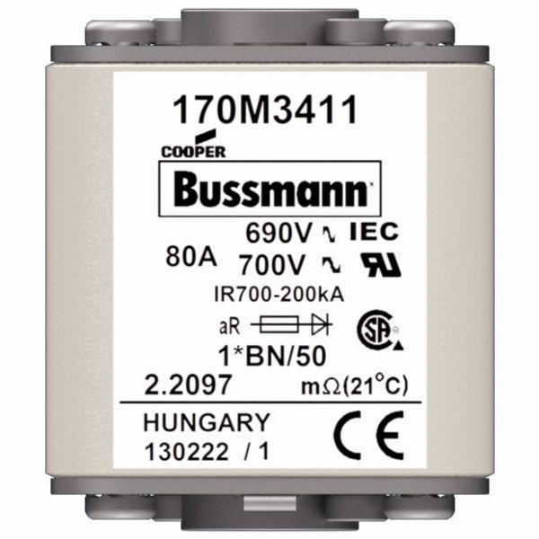 Fuse-link, high speed, 63 A, AC 1250 V, compact size 1, 45 x 59 x 81 mm, aR, IEC, UL, type K indicator, flush end, M8 image 1