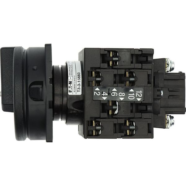 Main switch, T3, 32 A, flush mounting, 3 contact unit(s), 3 pole, 2 N/O, 1 N/C, STOP function, With black rotary handle and locking ring, Lockable in image 23