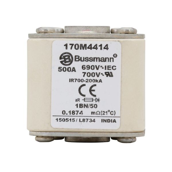 Fuse-link, high speed, 500 A, AC 690 V, size 1, 53 x 69 x 51 mm, aR, IEC, UL, single indicator, flush end, M8 image 11