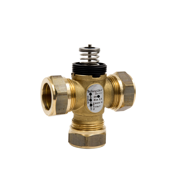 VZ319C Zone Valve, 3-Way, PN16, DN15, 15mm O/D Compression, Kvs 0.25 m³/h, M30 Actuator Connection, 5.5 mm Stroke, Stem Up Closed image 1